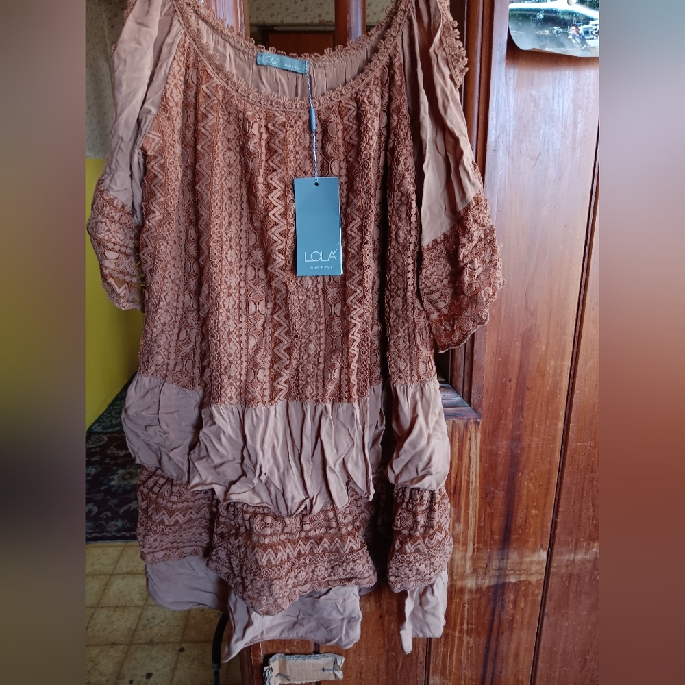 LOLA made In Italy Textured Boho Brown Dress NWT. M